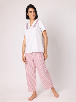 BLANC9 - Red And White Stripes Pyjama With Smocked Collar White Top