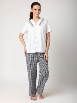 BLANC9 - Black And Checkered Pyjama With Smocked Collar Top