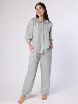 BLANC9 - Grey Pyjama With Gold-Silver Floral Embroidery Shirt