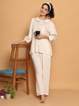 BLANC9 - White Pyjama With Gold-Silver Floral Embroidery Shirt