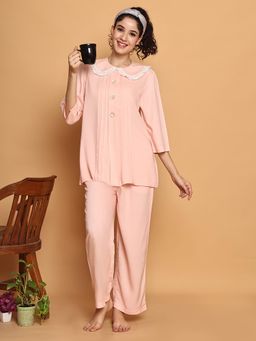 BLANC9 - Baby Pink Fringe Lace Shirt With Pyjama