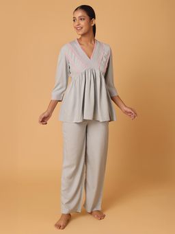 BLANC9 - Grey Nightsuit With Contrast Pink Lace At Yoke