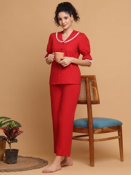 BLANC9 - Red Pyjama With Lace At Collar Top