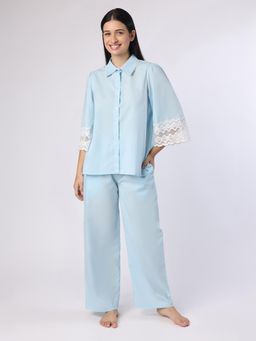 BLANC9 - Sky Blue Nightwear With Lace Detail At Sleeves