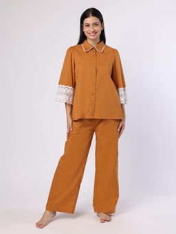 BLANC9 - Rust Nightwear With Lace Detail At Sleeves