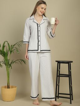 BLANC9 - Contrast Black Lace Grey And White Stripes Shirt With Pyjama