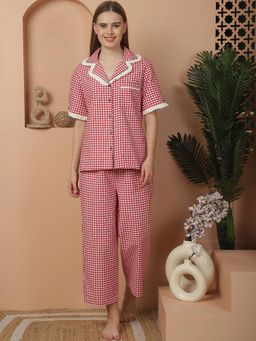 BLANC9 - Red And White Checkered Nightsuit With Contrast Checkered Detailing