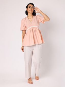 BLANC9 - Peach Lace Detail Top With Striper Pyjamas