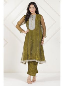 The Kaftan Company - Olive Green Tissue Silk Embroidered Co-Ord Set