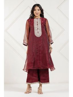 The Kaftan Company - Maroon Tissue Silk Embroidered Co-Ord Set
