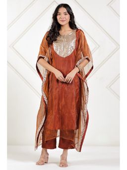 The Kaftan Company - Rust Tissue Silk Embroidered Kaftan Kurta with Pant