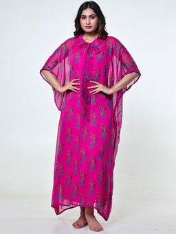 The Kaftan Company - Fuchsia Printed Chiffon Kaftan with Crepe Slip