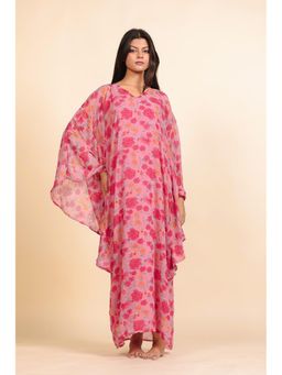 The Kaftan Company - Pink and Magenta Rose Print Georgette Kaftan