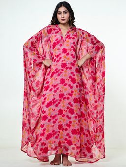 The Kaftan Company - Pink Floral Georgette Hooded Kaftan with Crepe Slip