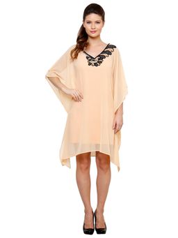 The Kaftan Company - Peacock Embroidered Beige Kaftan Dress