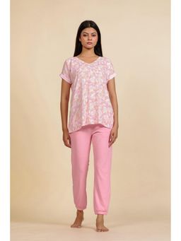 The Kaftan Company - Pink Floral Viscose Rayon Top And Cotton Jogger