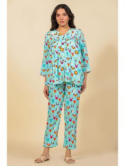 The Kaftan Company - Turquoise Animal Motif Print Viscose Nightsuit With Ruffle And Lace Detail