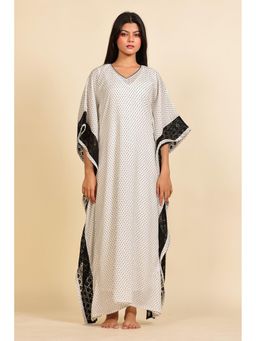 The Kaftan Company - White And Black Geometric Print Georgette Kaftan With Black Lace Trim
