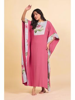 The Kaftan Company - Dark Pink Modal Kaftan Nightdress With Striped Floral Yoke And Trim