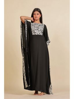 The Kaftan Company - Black And White Floral Printed Modal Kaftan Nighty