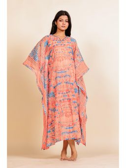 The Kaftan Company - Peach And Blue Abstract Printed Kaftan Nightdress With Slip Inner
