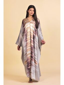 The Kaftan Company - Silver And Plum Abstract Streak Print Satin Kaftan Nightdress