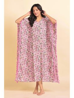 The Kaftan Company - Pink And Grey Floral Print Cotton Kaftan With Tassel Side Borders