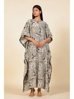 The Kaftan Company - Grey Floral Printed Viscose Rayon Kaftan With Pom-Pom Trim