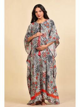 The Kaftan Company - Grey And Red Tropical Foliage Print Viscose Maternity Kaftan