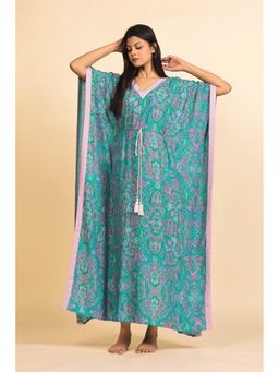 The Kaftan Company - Teal And Lilac Paisley Print Viscose Rayon Kaftan With Tassel Drawstring