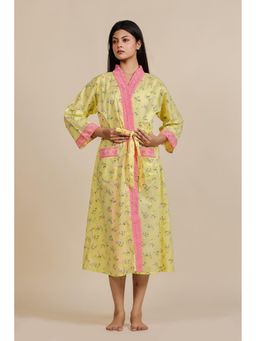 The Kaftan Company - Yellow Floral Cotton Gown With Pink Lace Trim & Belt