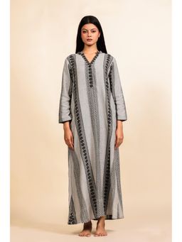 The Kaftan Company - Grey Tribal Print Cotton Nighty With Embroidered Neckline