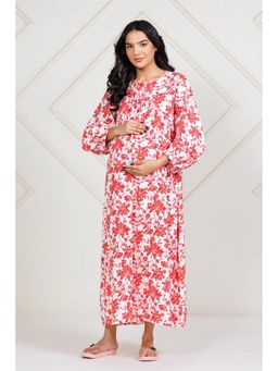 The Kaftan Company - Red Floral Printed Cotton Maternity Nighty