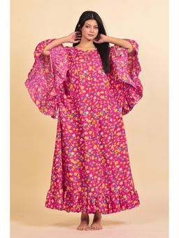 The Kaftan Company - Vibrant Pink Floral Print Nighty With Ruffled Sleeves