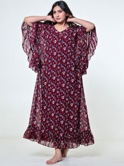 The Kaftan Company - Wine Floral Georgette Nightdress Kaftan With Crepe Slip