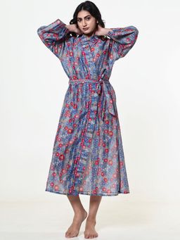 The Kaftan Company - Blue Cotton Blend Floral Wrap Nightgown With Tie Belt