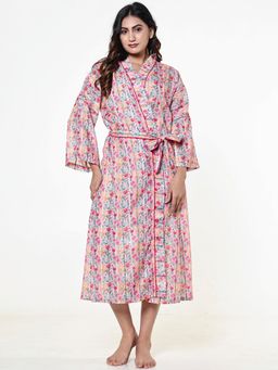 The Kaftan Company - Pink Cotton Blend Floral Wrap Nightgown With Tie Belt