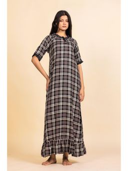 The Kaftan Company - Black And White Checked Viscose Nighty With Ruffled Trim
