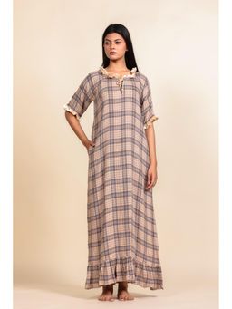 The Kaftan Company - Beige And Brown Checked Viscose Nighty With Cream Ruffled Trim