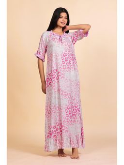 The Kaftan Company - Pink Leopard Print Viscose Nighty With Ruffled Trim