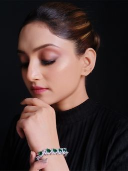 AG'S - Vasanti Green Stoned And Silver Plated American Daimond Flexible Braclet