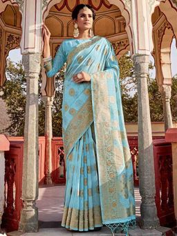 Odette - Womens Sky Blue Linen Woven Design Saree with Unstitched Blouse