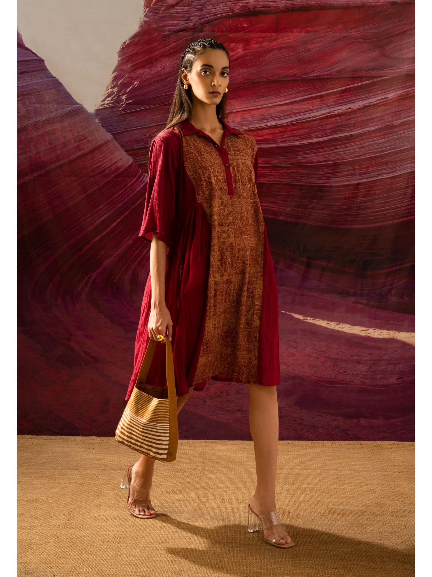 Aurum Bleaming Block Maroon Dress-image-26