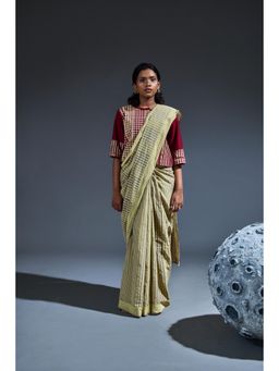 Banana Labs - Cream Green Saree With Stitched Blouse
