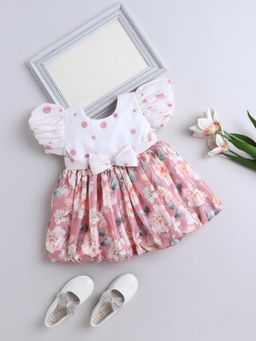 The Magic Wand - Puff Sleeves Bow Applique Floral Printed Dress - Onion Pink