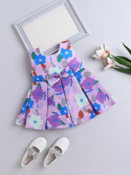 The Magic Wand - Sleeveless Bow Applique Floral Printed Dress - Purple