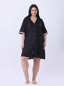 Qurvii - Black Rayon Shirt Dress with Ribbon Detailing In Sleeve