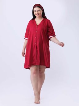 Qurvii - Maroon Rayon Shirt Dress with Ribbon Detailing In Sleeve