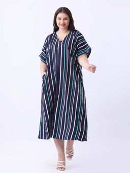 Qurvii - Navy Stripe Loose Fit Dress with Front Slit