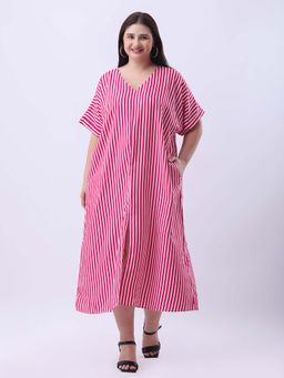 Qurvii - Pink Stripe Loose Fit Dress with Front Slit